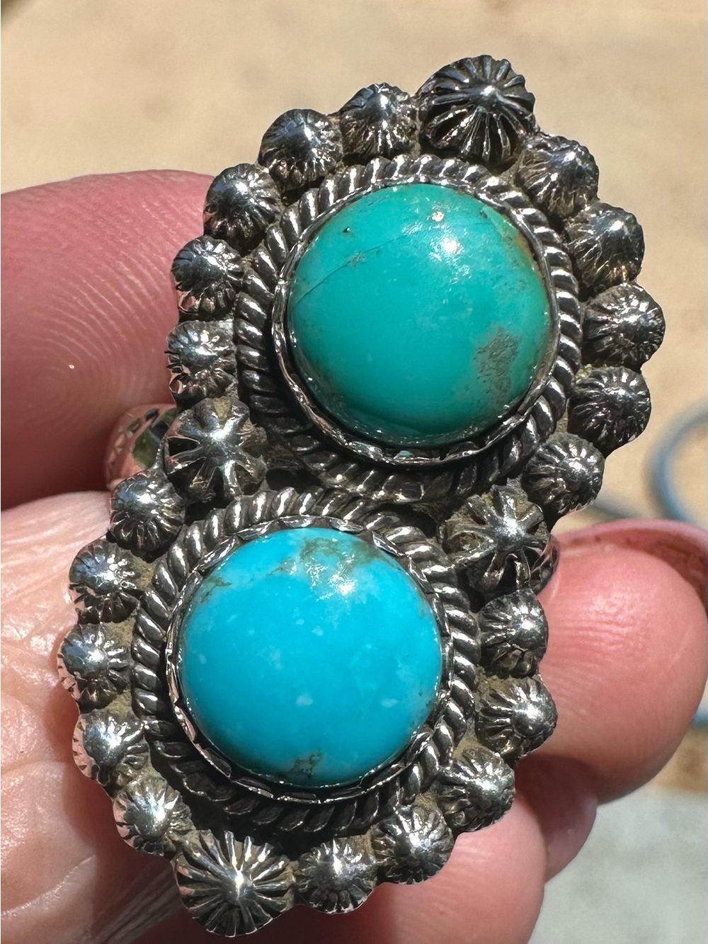 Sterling Silver 925 Double Turquoise Ring Sz 7 Native Southwestern Boho Style